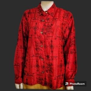 𝅺VTG BLEU BAYOU Red Silk Embroidered Beaded Holiday Shacket